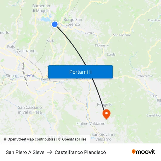 San Piero A Sieve to Castelfranco Piandiscò map