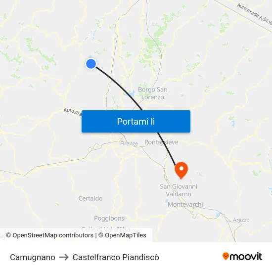 Camugnano to Castelfranco Piandiscò map