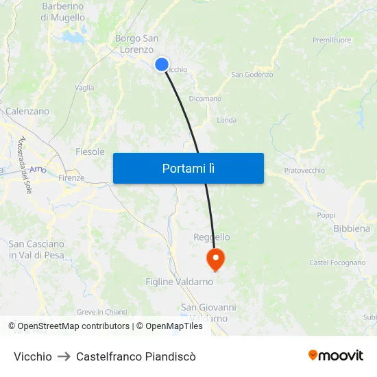 Vicchio to Castelfranco Piandiscò map