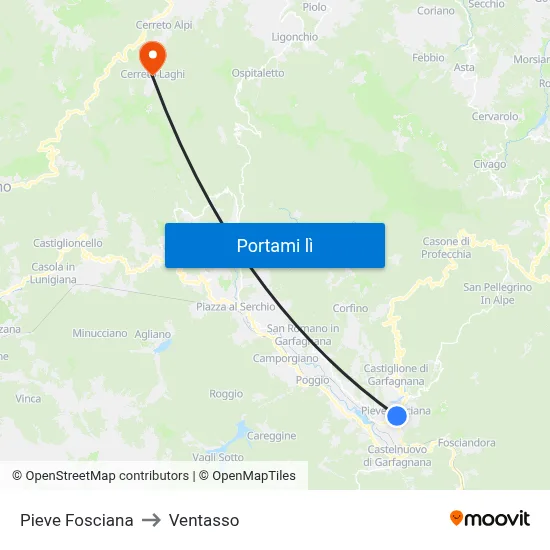Pieve Fosciana to Ventasso map