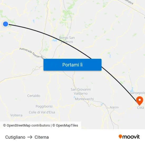 Cutigliano to Citerna map