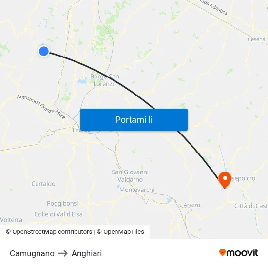 Camugnano to Anghiari map