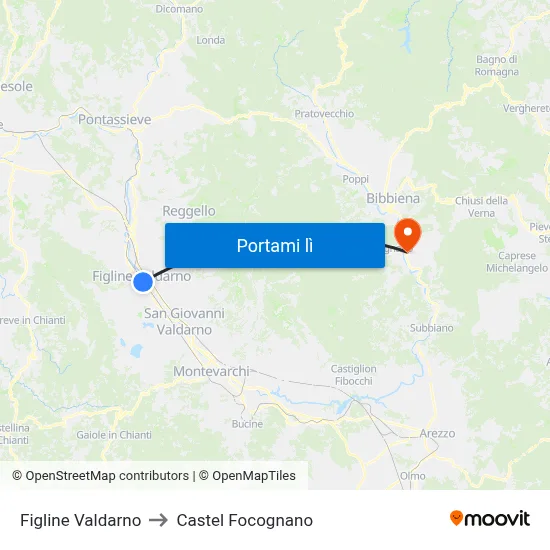 Figline Valdarno to Castel Focognano map