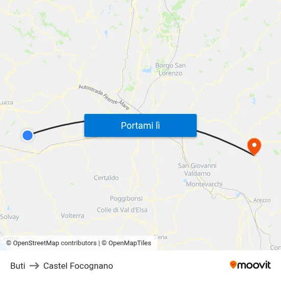 Buti to Castel Focognano map