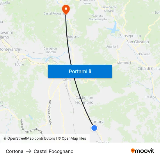 Cortona to Castel Focognano map
