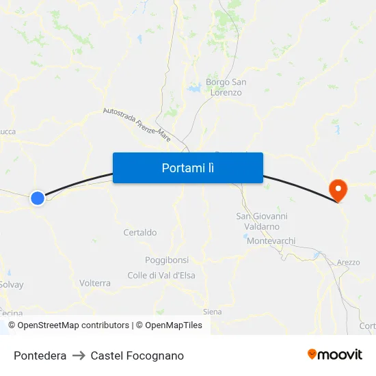 Pontedera to Castel Focognano map