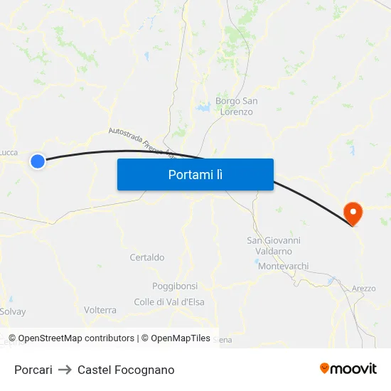 Porcari to Castel Focognano map