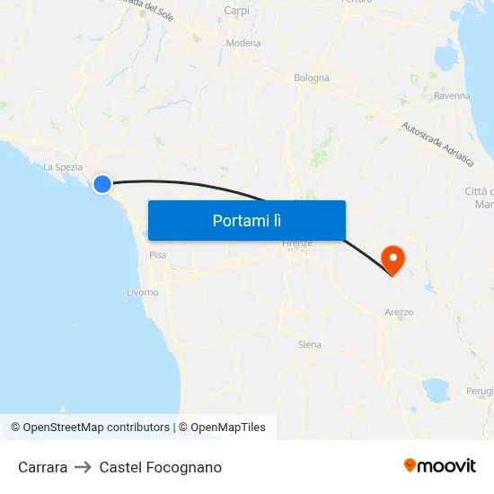 Carrara to Castel Focognano map