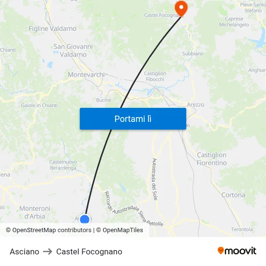 Asciano to Castel Focognano map