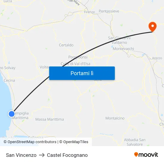 San Vincenzo to Castel Focognano map