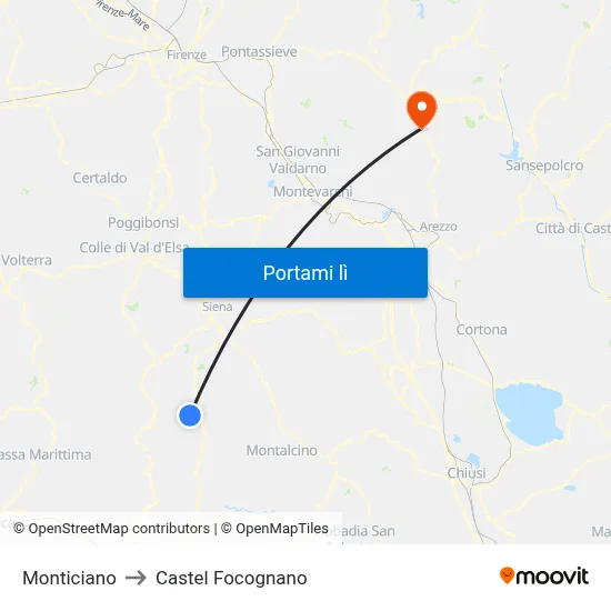Monticiano to Castel Focognano map