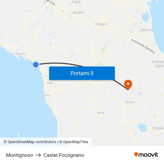 Montignoso to Castel Focognano map