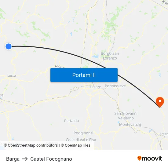 Barga to Castel Focognano map