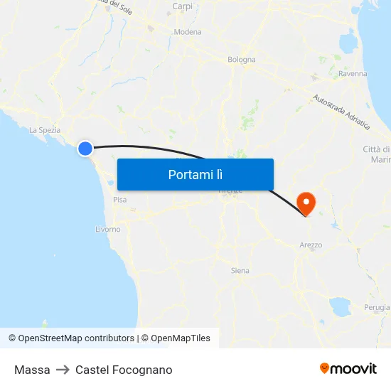 Massa to Castel Focognano map