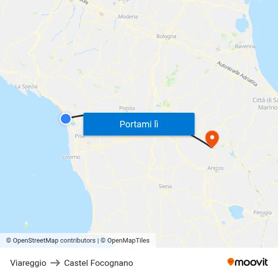 Viareggio to Castel Focognano map