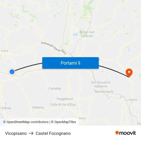 Vicopisano to Castel Focognano map