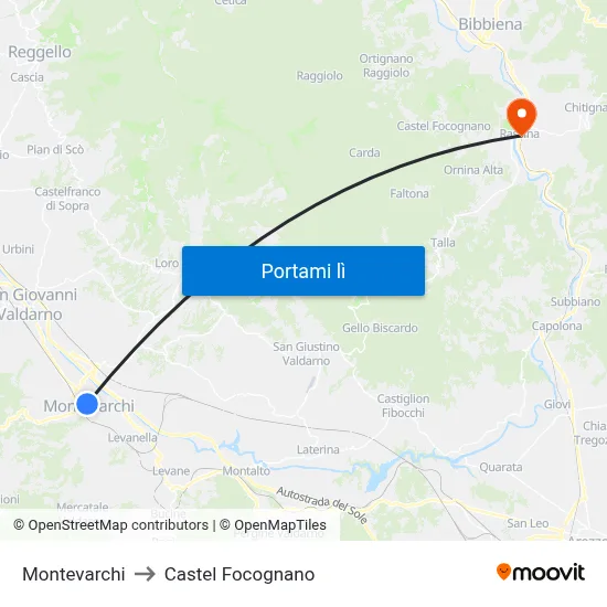 Montevarchi to Castel Focognano map