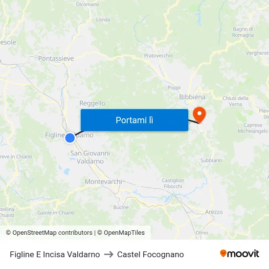 Figline E Incisa Valdarno to Castel Focognano map
