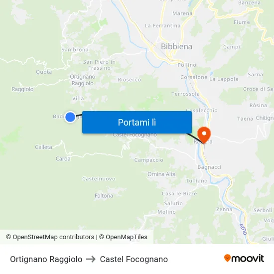 Ortignano Raggiolo to Castel Focognano map