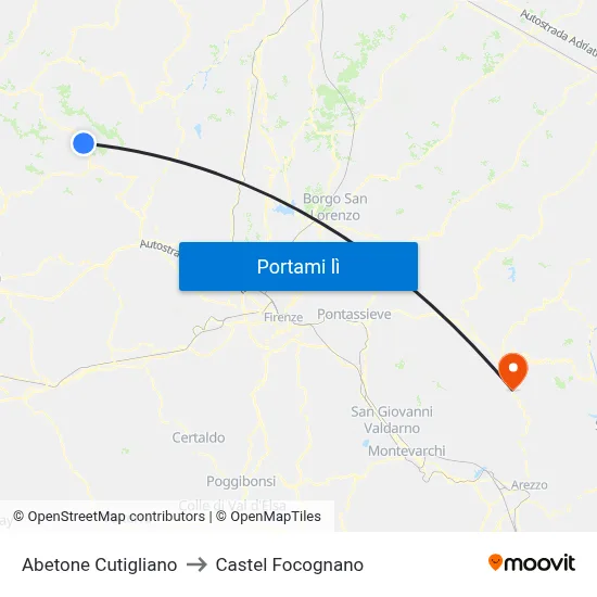 Abetone Cutigliano to Castel Focognano map