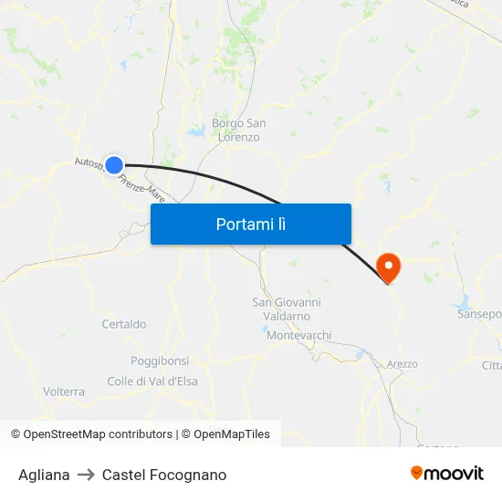 Agliana to Castel Focognano map