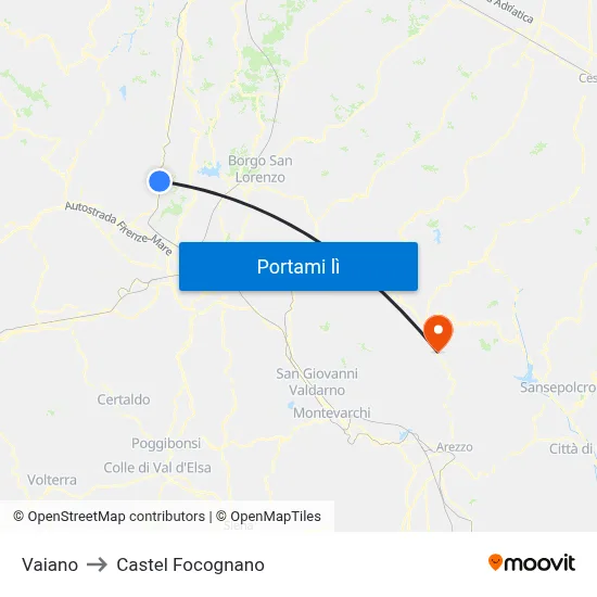 Vaiano to Castel Focognano map