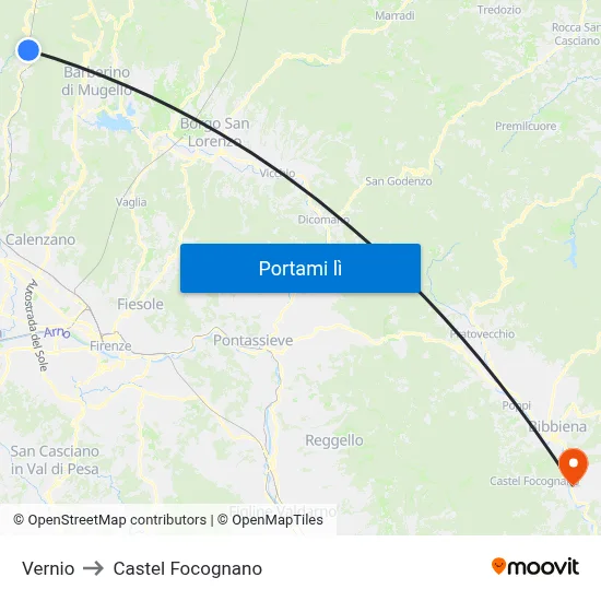 Vernio to Castel Focognano map