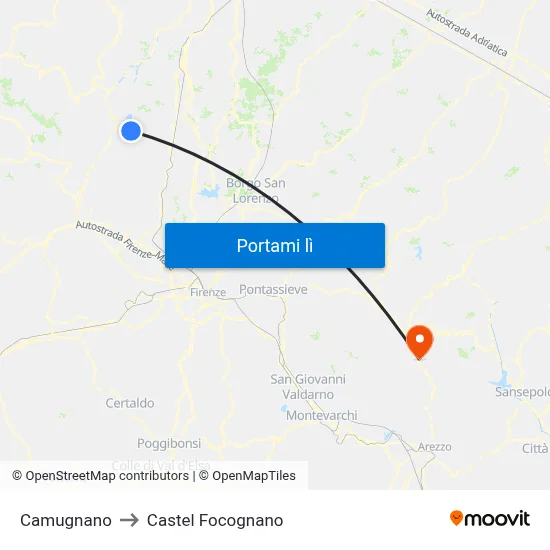 Camugnano to Castel Focognano map