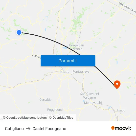 Cutigliano to Castel Focognano map