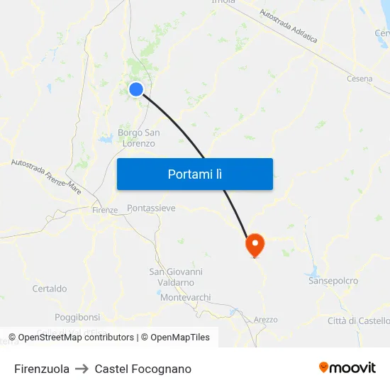 Firenzuola to Castel Focognano map