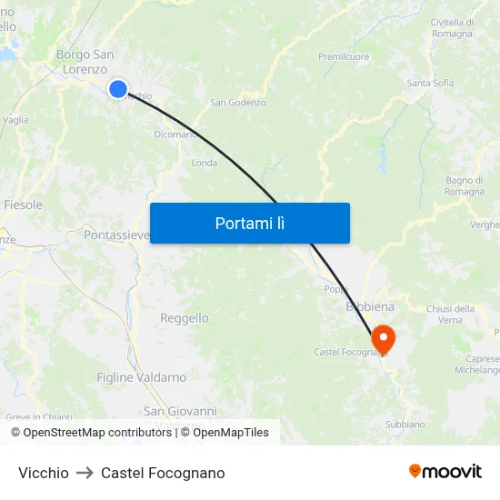 Vicchio to Castel Focognano map