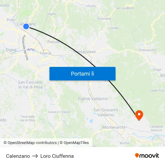 Calenzano to Loro Ciuffenna map