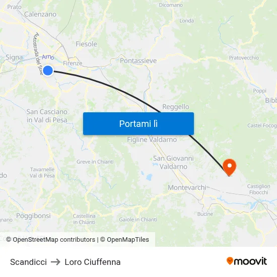 Scandicci to Loro Ciuffenna map