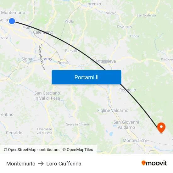 Montemurlo to Loro Ciuffenna map