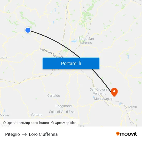 Piteglio to Loro Ciuffenna map
