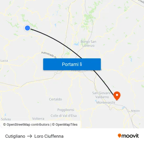 Cutigliano to Loro Ciuffenna map