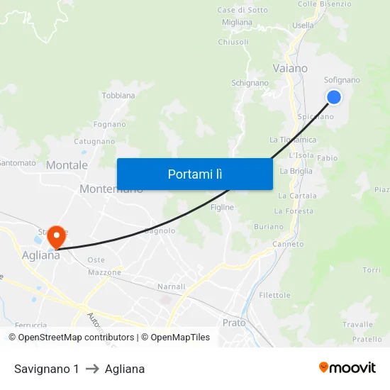 Savignano 1 to Agliana map