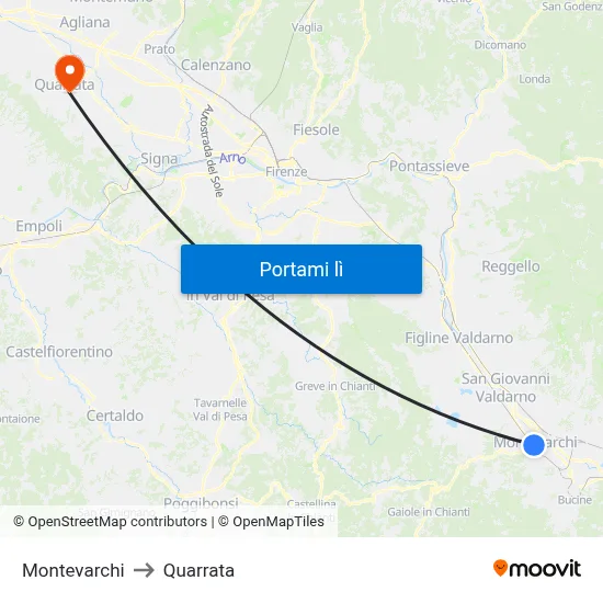 Montevarchi to Quarrata map