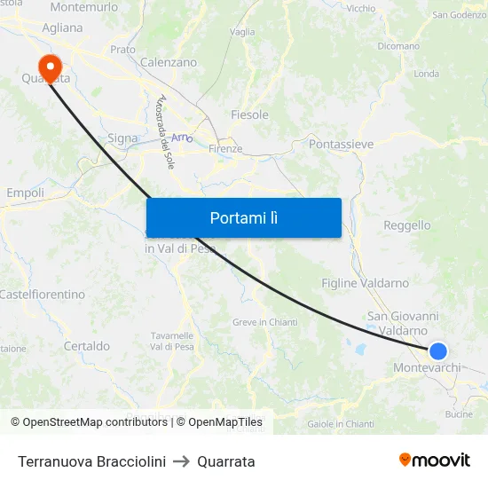 Terranuova Bracciolini to Quarrata map