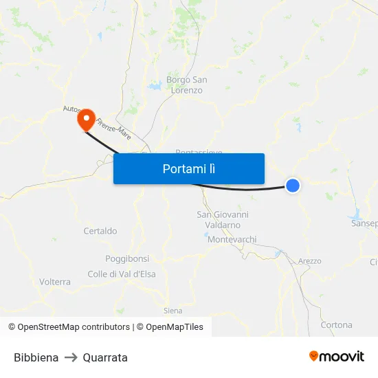 Bibbiena to Quarrata map