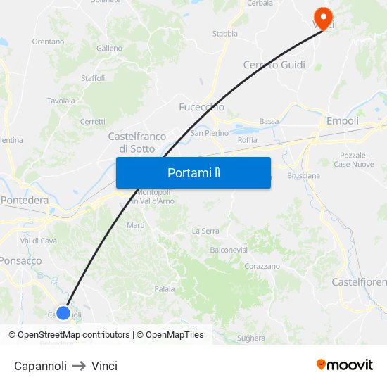 Capannoli to Vinci map