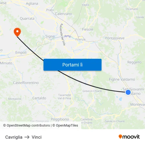 Cavriglia to Vinci map