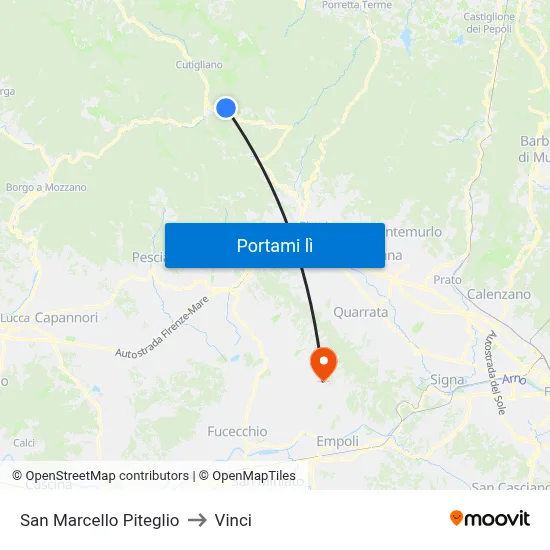 San Marcello Piteglio to Vinci map