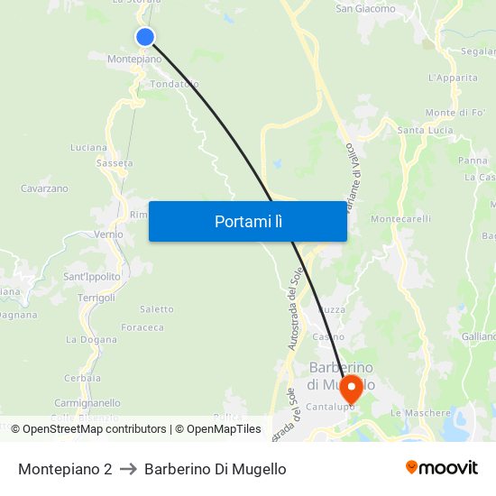 Montepiano 2 to Barberino Di Mugello map