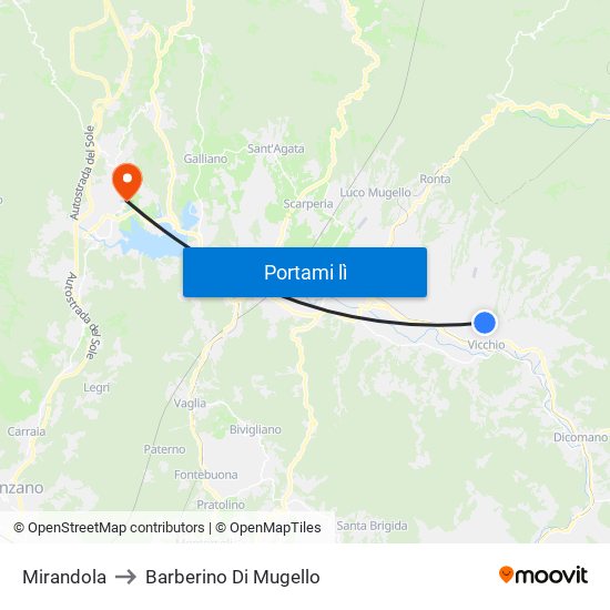 Mirandola to Barberino Di Mugello map