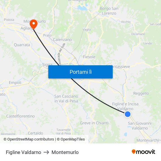 Figline Valdarno to Montemurlo map