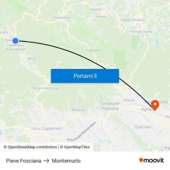 Pieve Fosciana to Montemurlo map