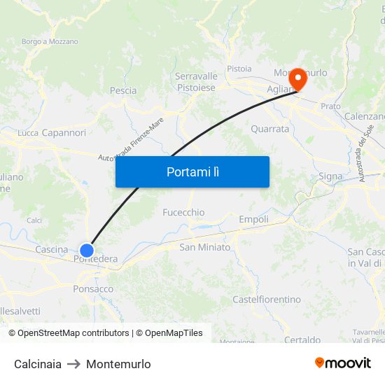 Calcinaia to Montemurlo map