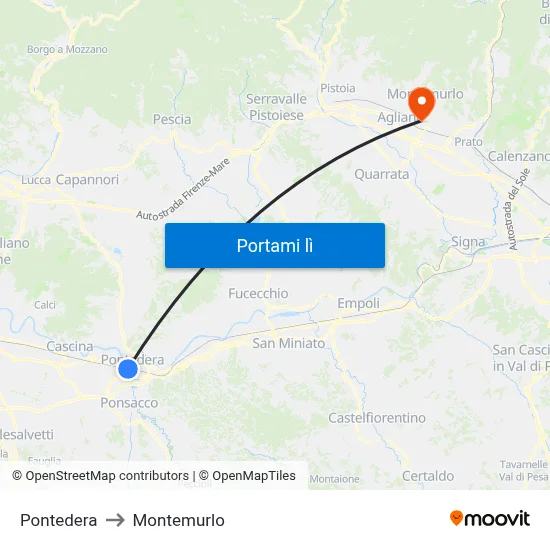 Pontedera to Montemurlo map