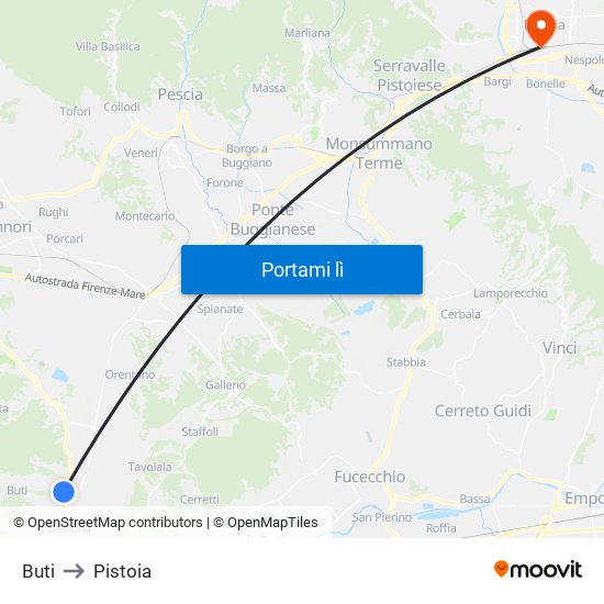 Buti to Pistoia map